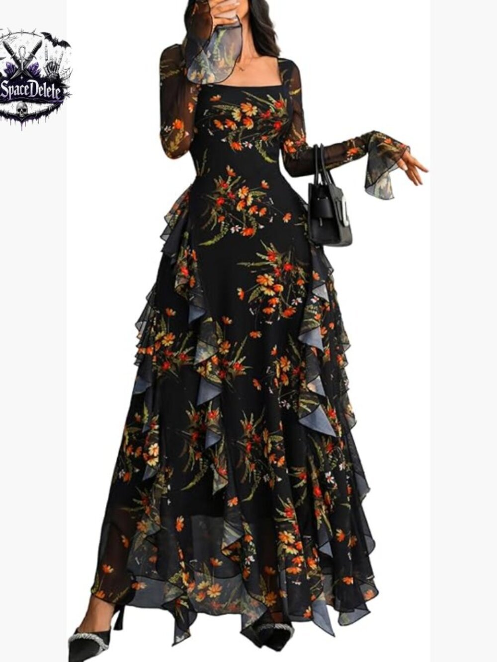 Floral Mesh Maxi Dress Long Sleeve Square Neck Ruffle Formal Party